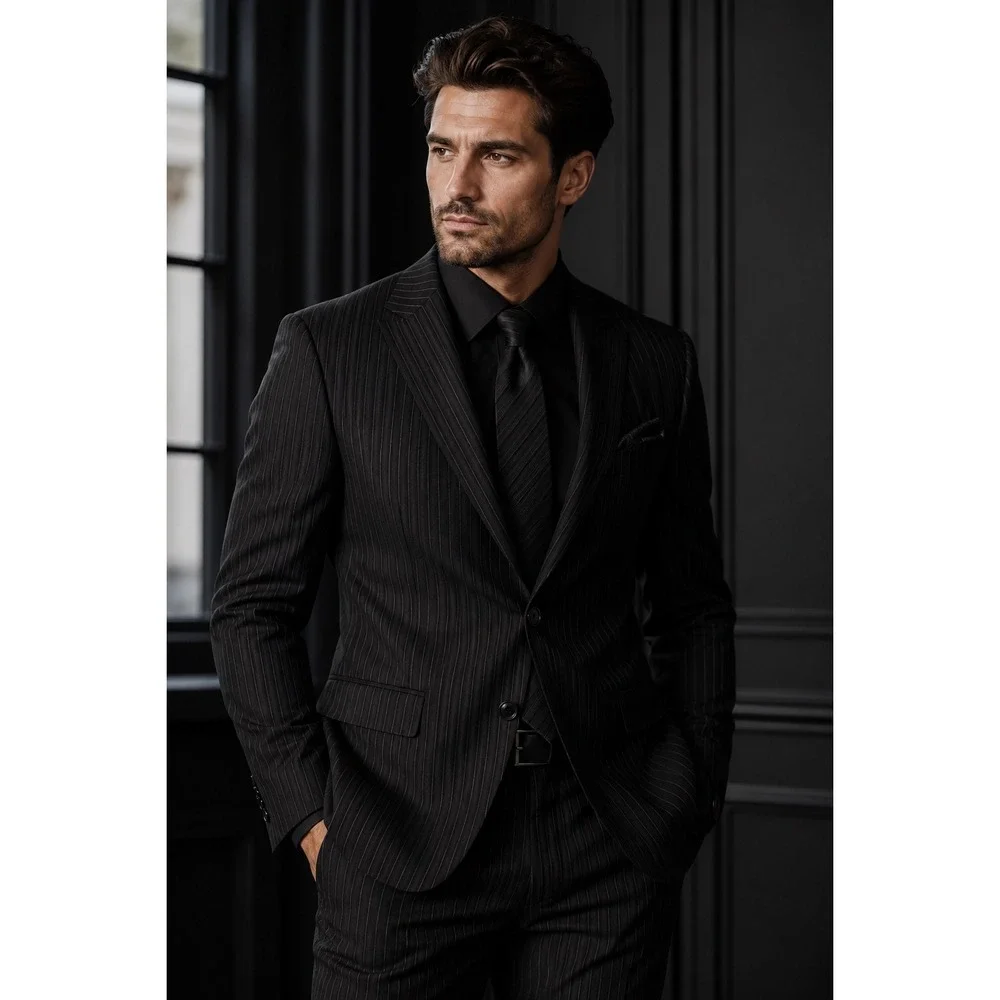 Esserre Mens Pinstripe Suit Black 100% Virgin Wool Italy Dark Academia